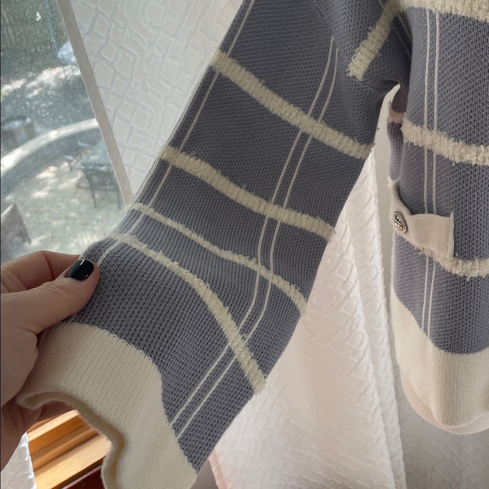 MABLE Sweater Nautical Striped Blue and White Cardigan Silver Medium Oversized - Picture 7 of 9